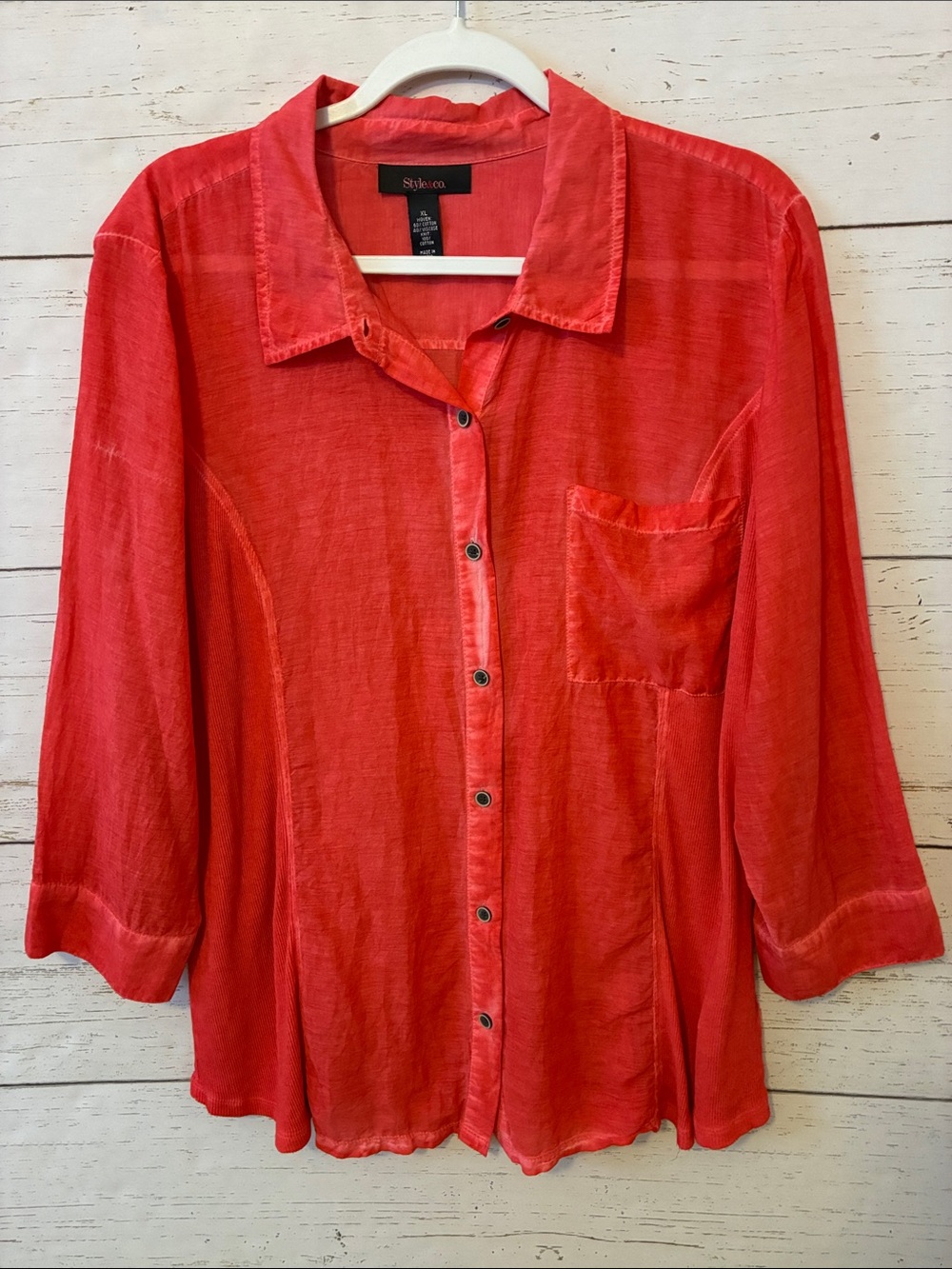 Style & Co. Coral 3/4 Sleeve  Button-Front Shirt w/Distressing, sz XL, NWOT